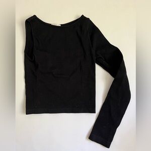 Cute crop rib top with long sleeve on left arm and sleeveless right arm